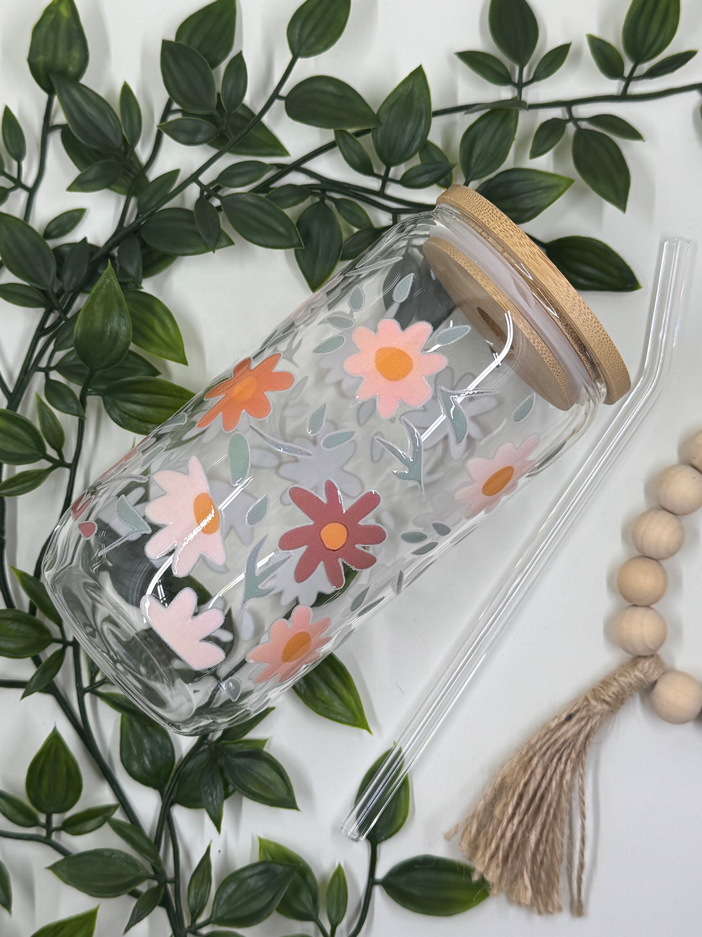 DTF Printed Glass Cups - Neutral Flower