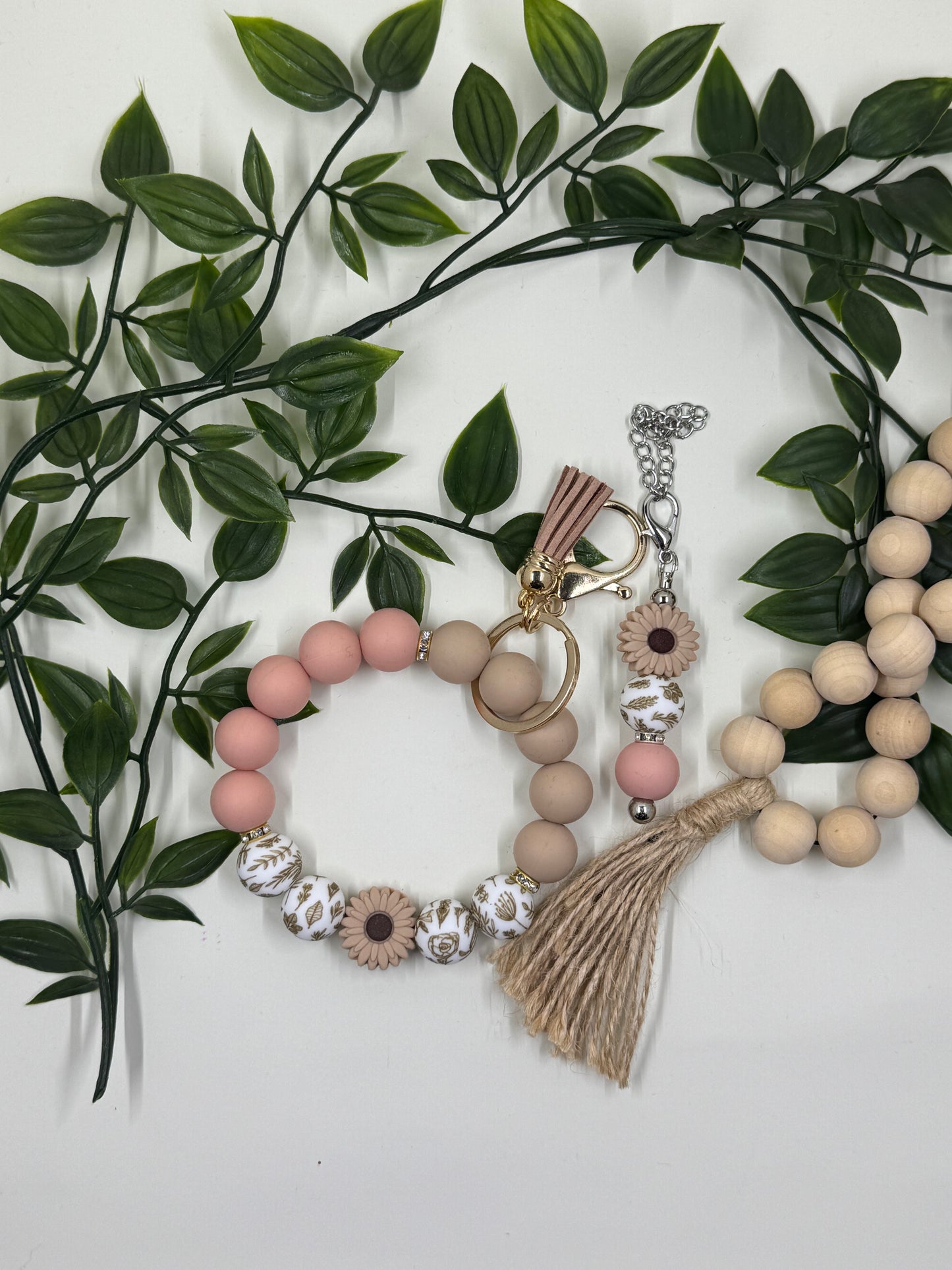 Matching Beaded Wristlet & Bottle Keyring Set - Pink & Natural