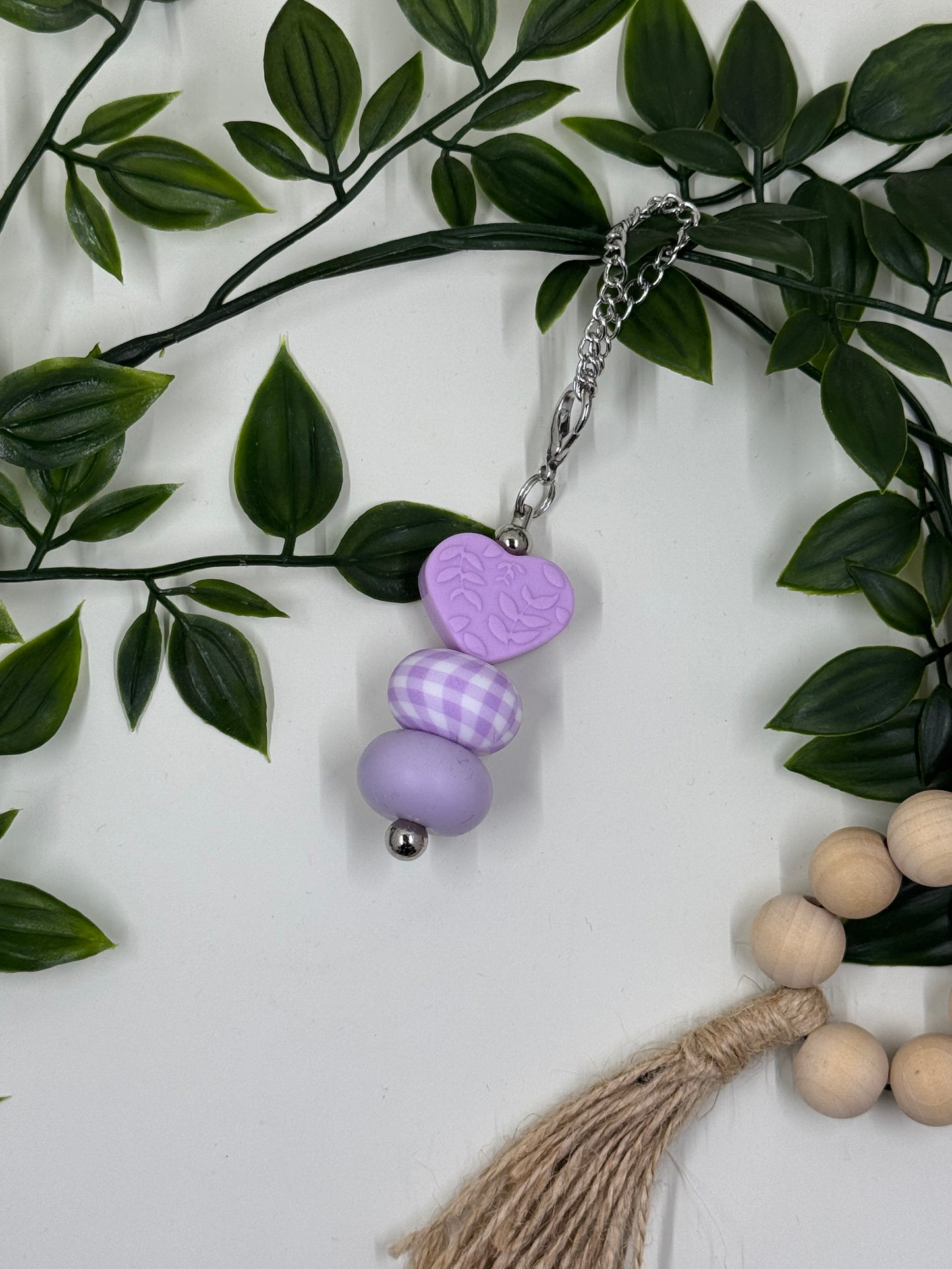 Beaded Love Heart Bottle Keyrings - Purple Gingham
