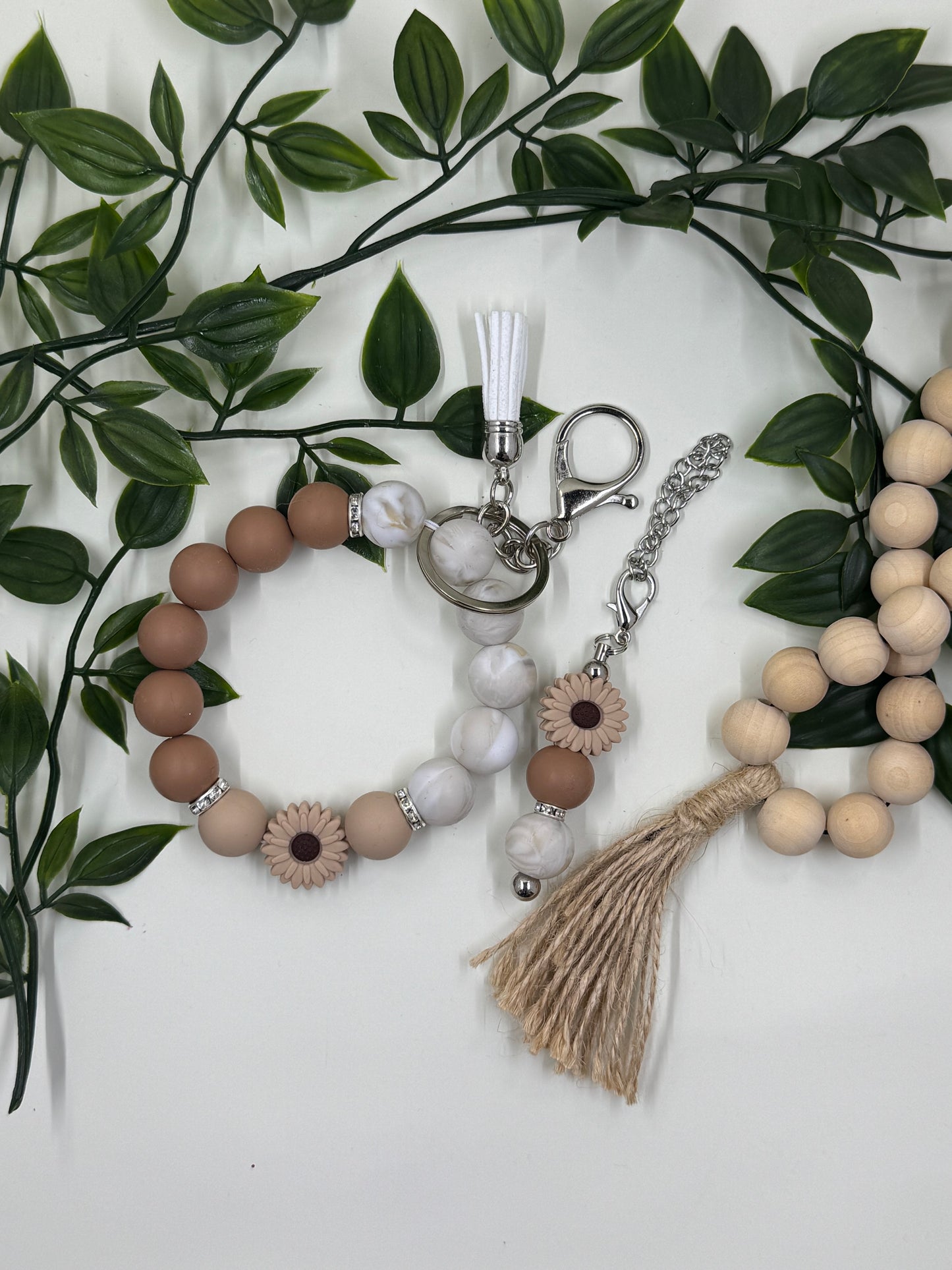 Matching Beaded Wristlet & Bottle Keyring Set - Brown Marble