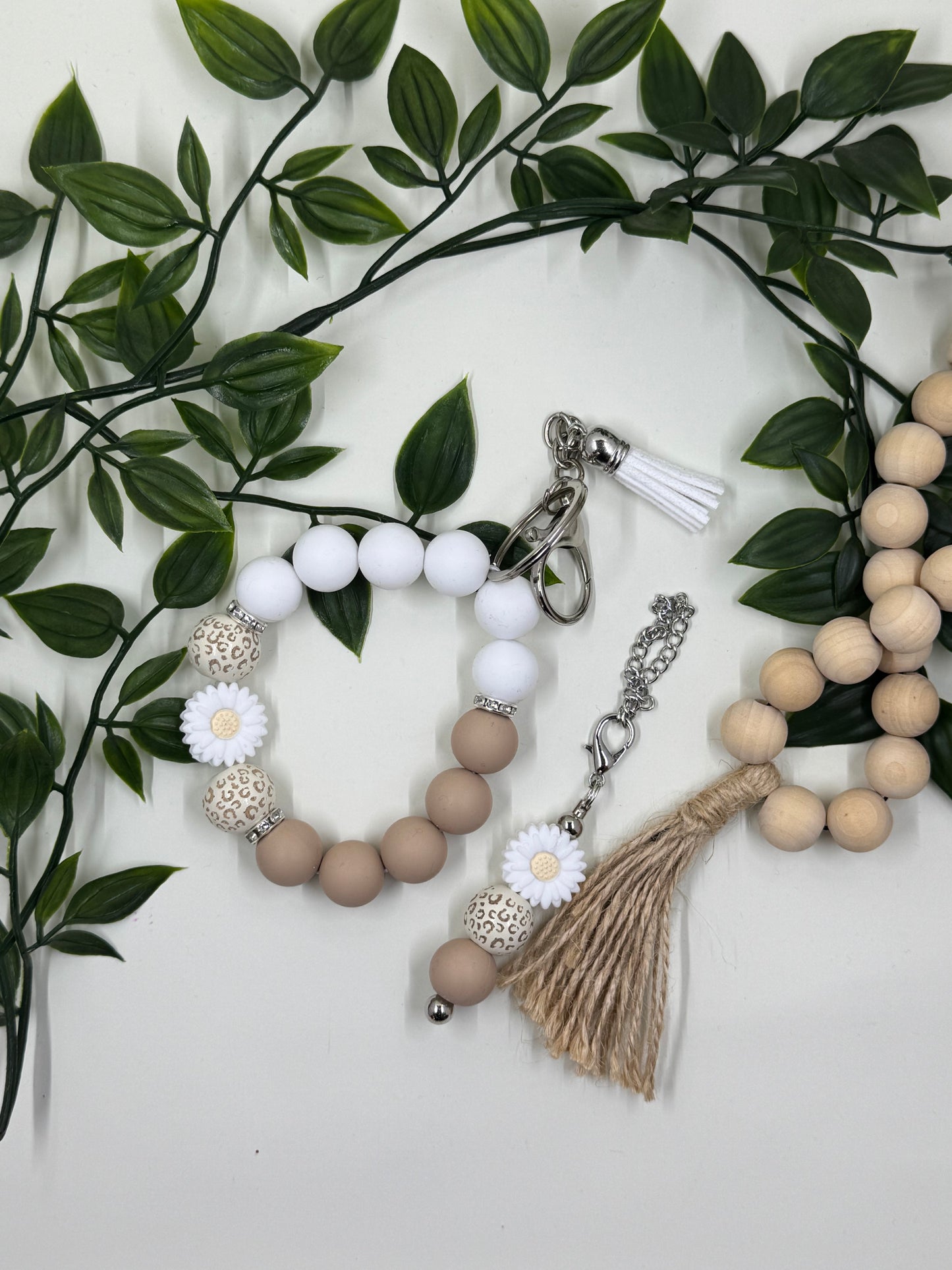 Matching Beaded Wristlet & Bottle Keyring Set - White Natural