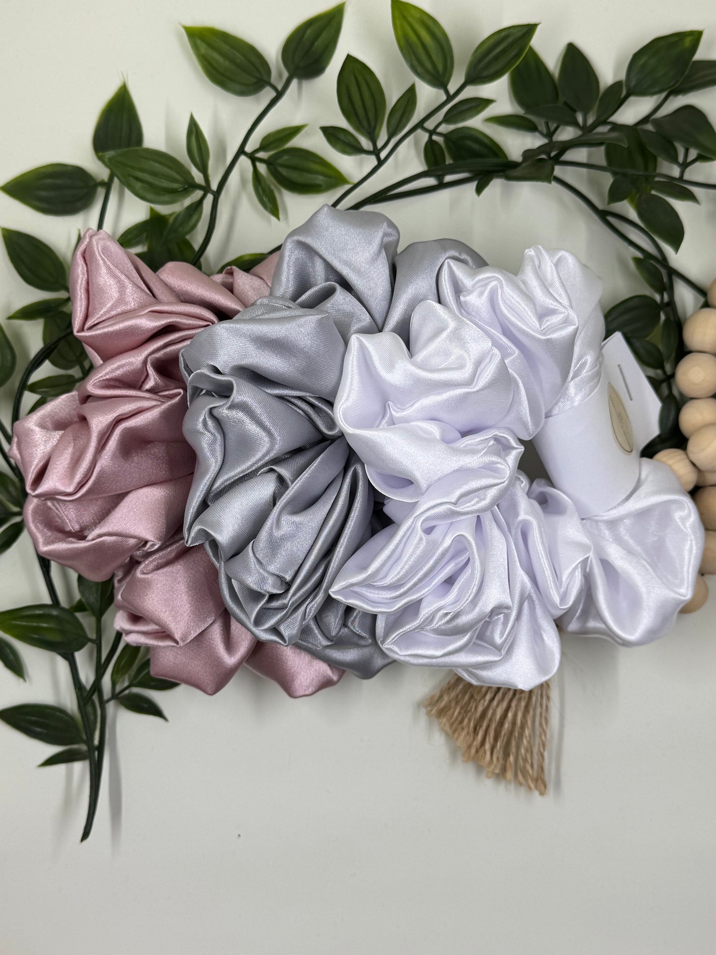 Scrunchies 3 Pack- Dusty Pink, Grey & White Silk