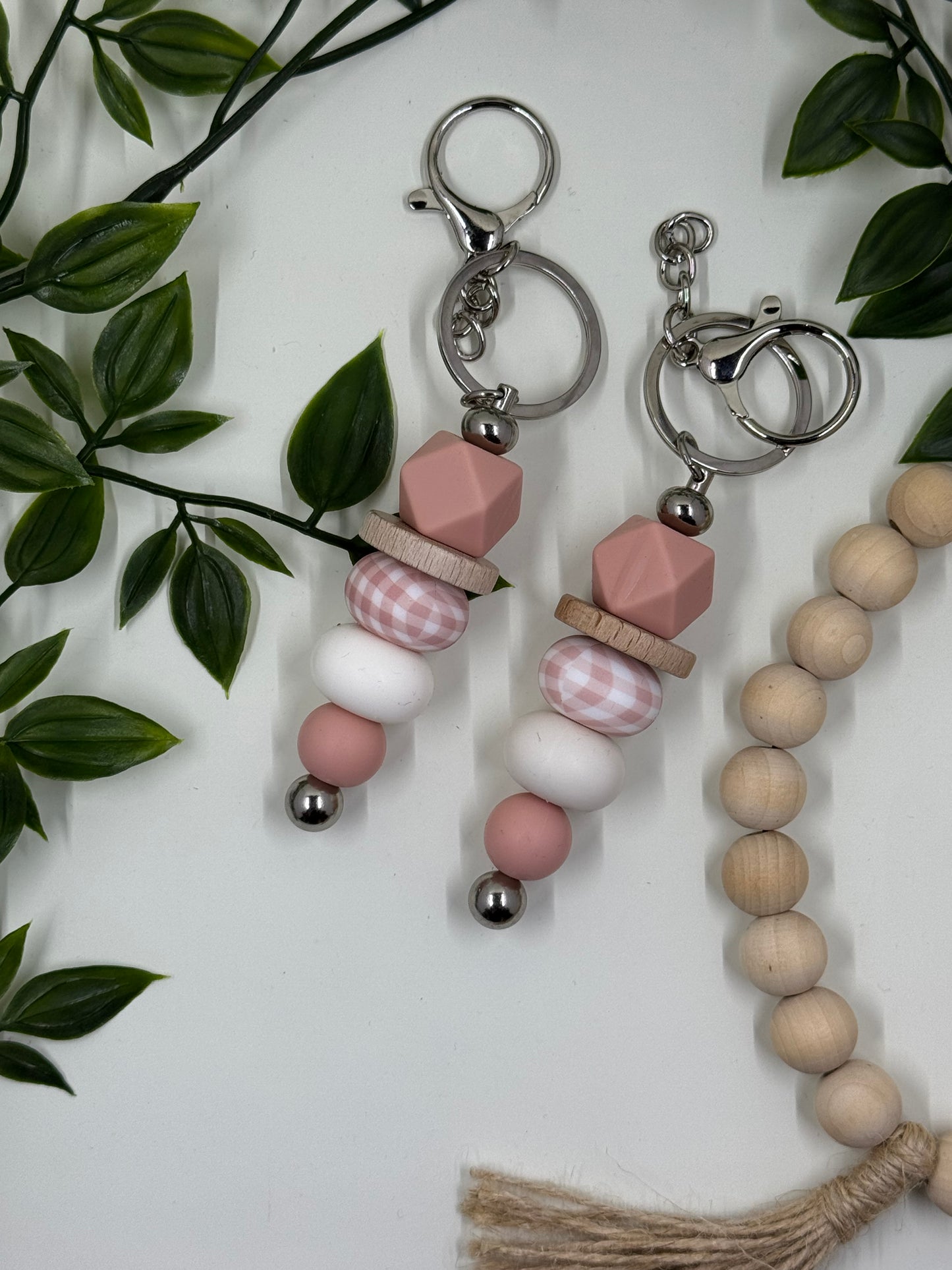 Beaded Daisy Bottle Keyrings - Hexagon Pink Gingham