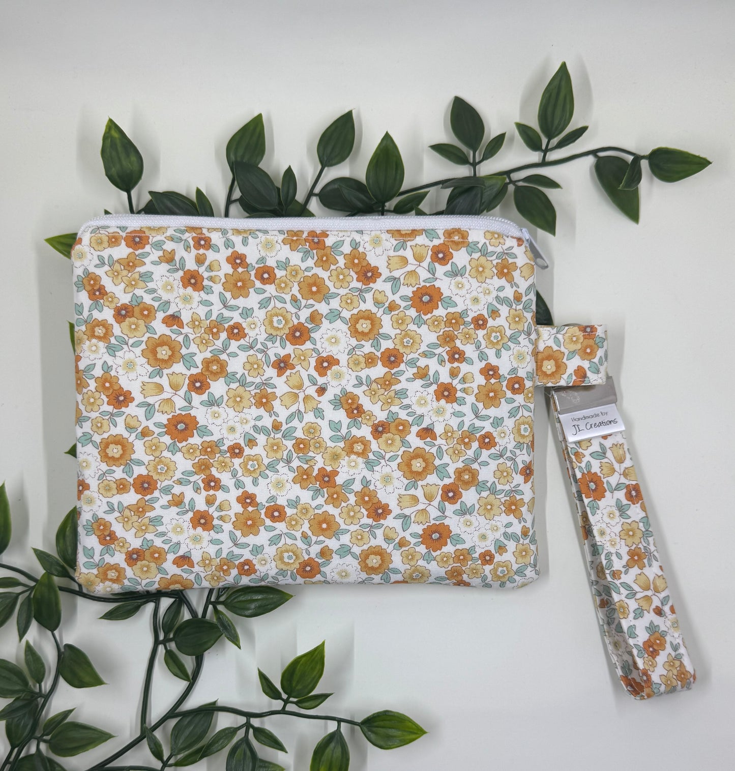Wristlet Purse with attached Key Fob - Floral Orange