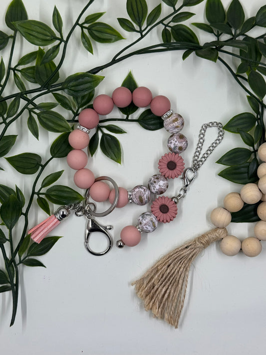 Matching Beaded Wristlet & Bottle Keyring Set - Blush Floral