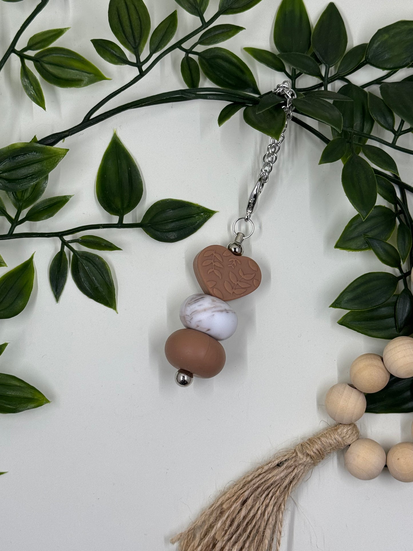 Beaded Love Heart Bottle Keyrings - Brown Marble