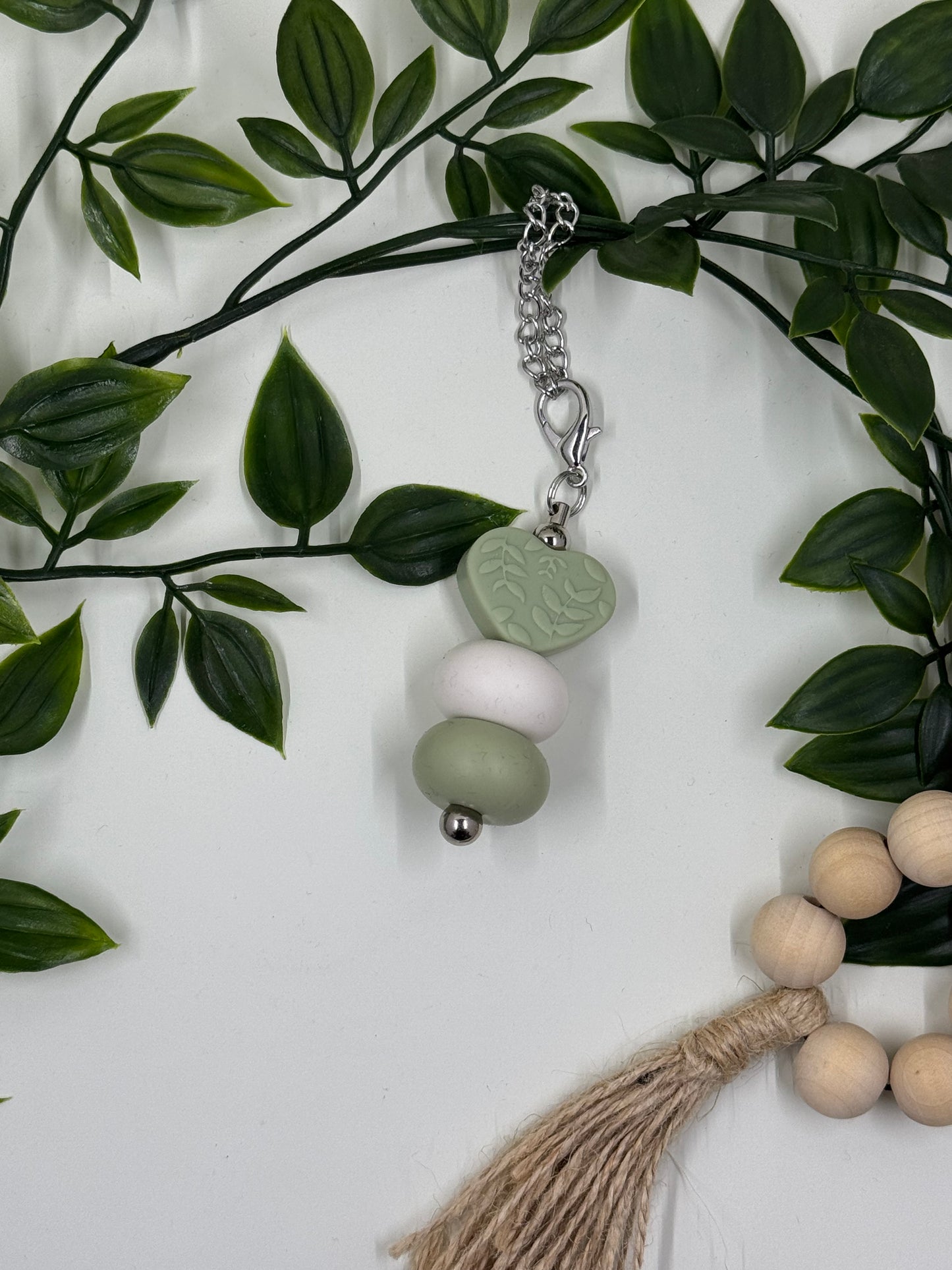 Beaded Love Heart Bottle Keyrings - Sage Gingham