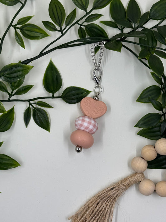 Beaded Love Heart Bottle Keyrings - Pink Gingham
