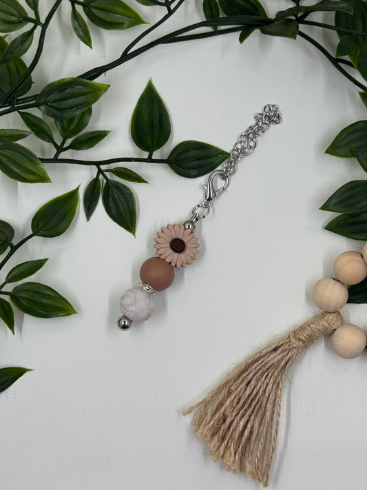 Beaded Daisy Bottle Keyrings - Brown Marble