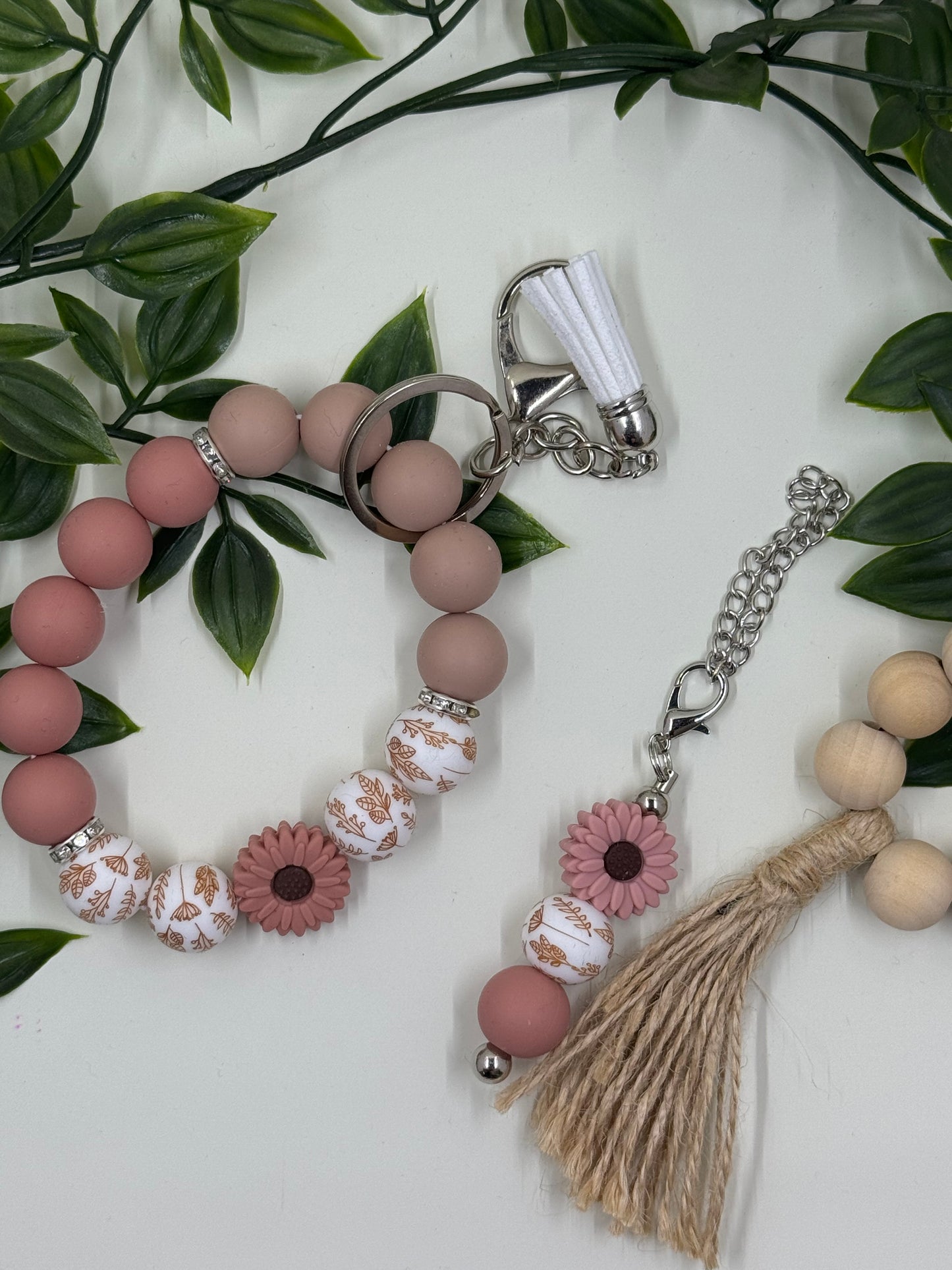 Matching Beaded Wristlet & Bottle Keyring Set - Blush Brown Leaf