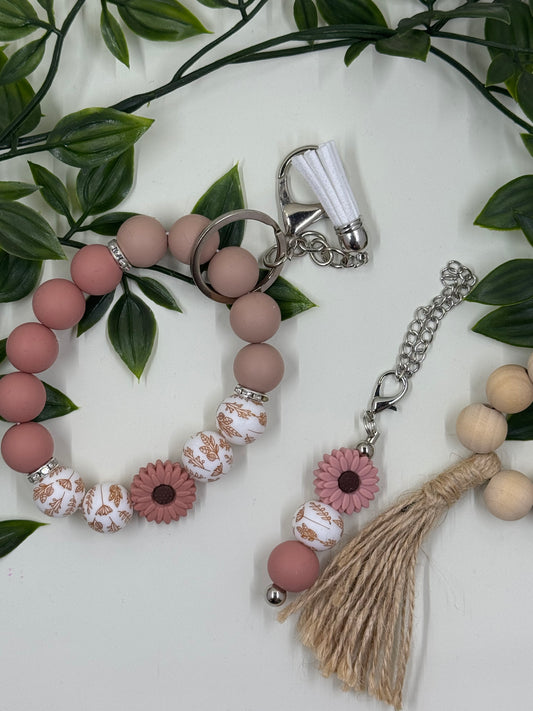 Matching Beaded Wristlet & Bottle Keyring Set - Blush Brown Leaf