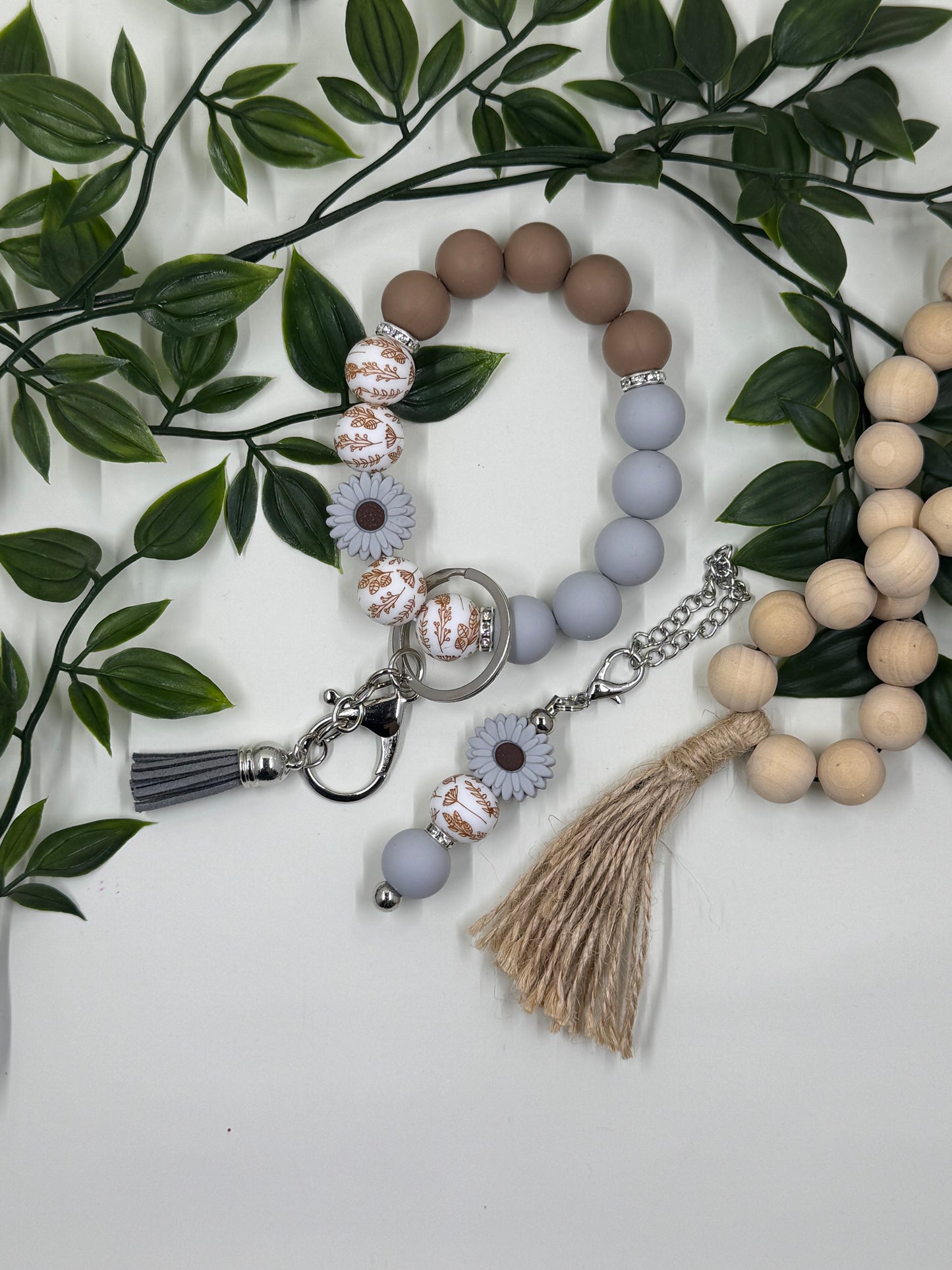 Matching Beaded Wristlet & Bottle Keyring Set - Blush Brown Leaf