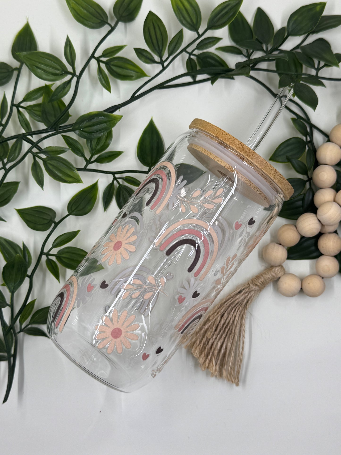 DTF Printed Glass Cups - Boho Rainbow