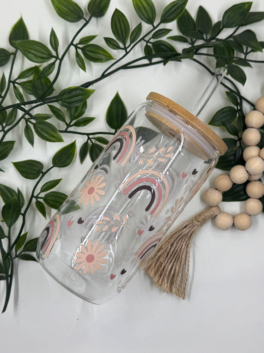 DTF Printed Glass Cups - Boho Rainbow