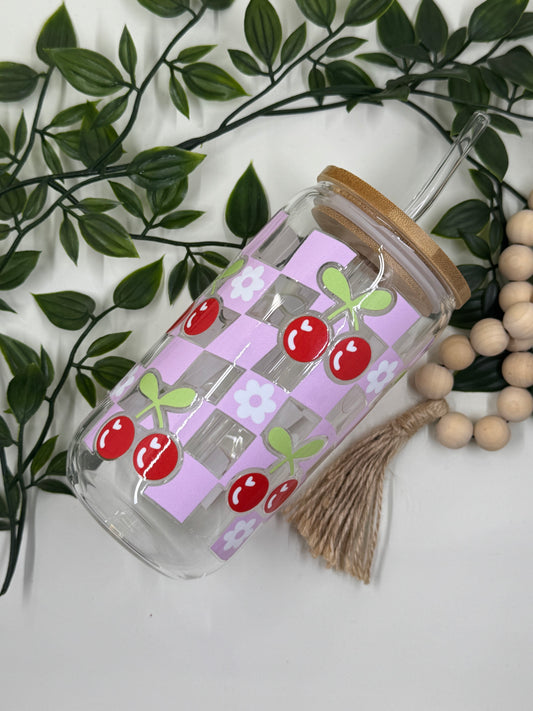 DTF Printed Glass Cups - Retro Cherries