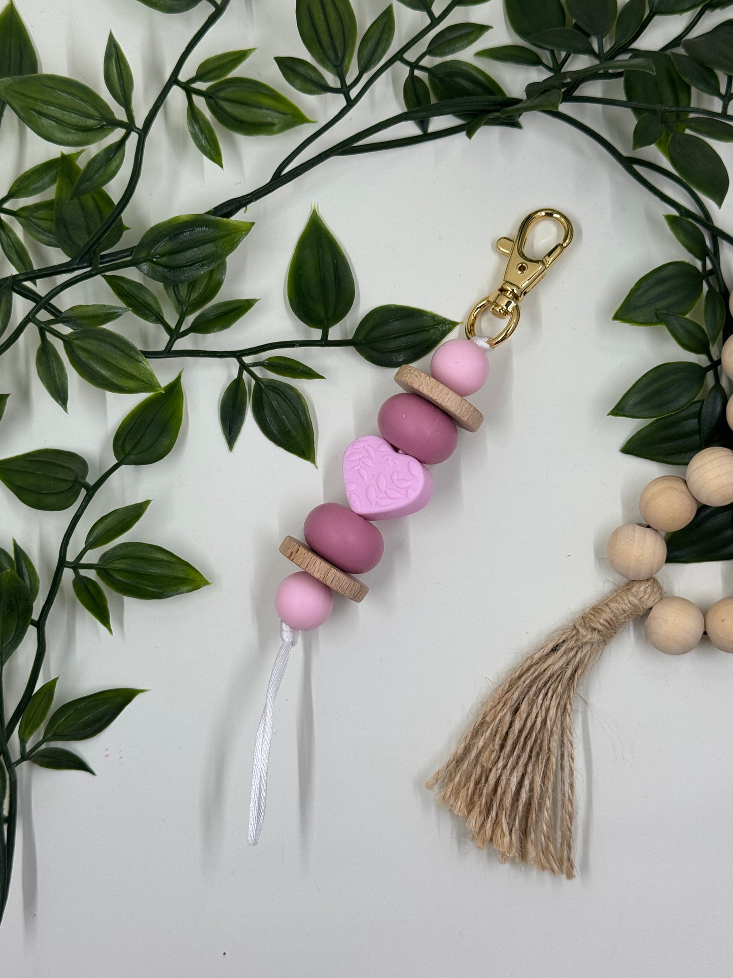 Love Heart Beaded Keyrings - Pink