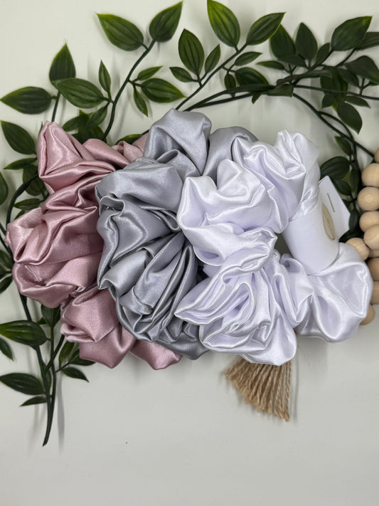 Scrunchies 3 Pack- Dusty Pink, Grey & White Silk