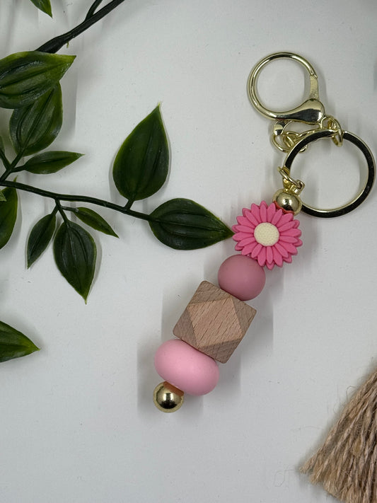 Beaded Daisy Bottle Keyrings - Small Daisy Pink