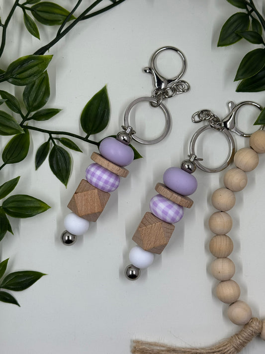 Beaded Daisy Bottle Keyrings - Purple Gingham