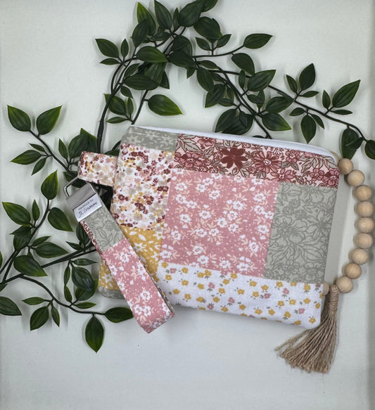 Wristlet Purse with attached Key Fob - Patchwork Floral