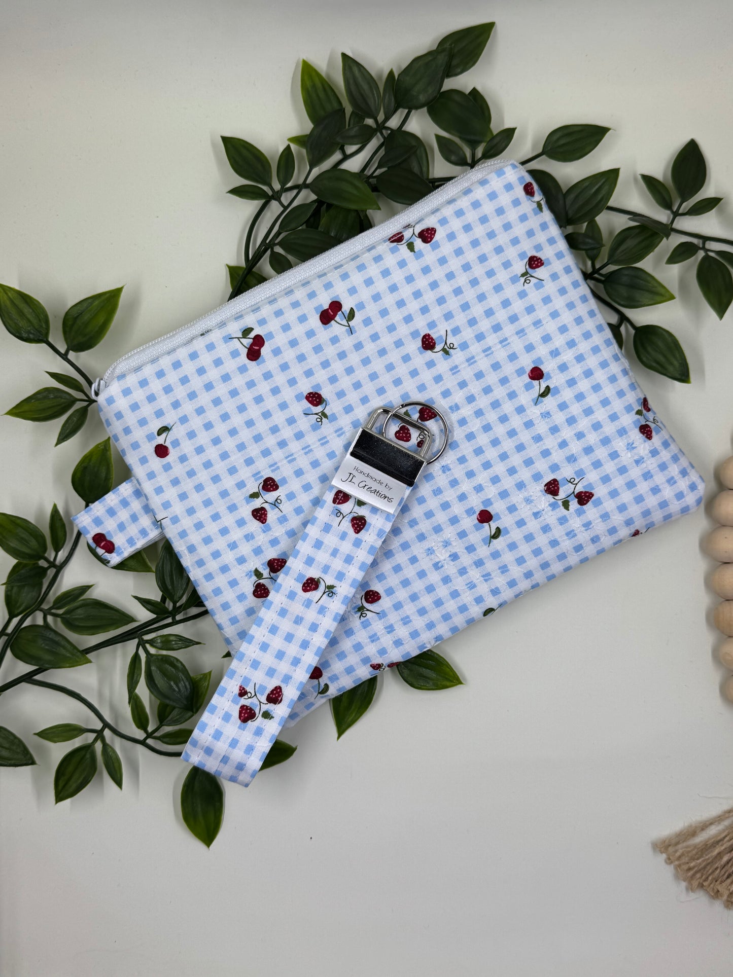 Wristlet Purse with attached Key Fob - Honeyfields Strawberry Blue