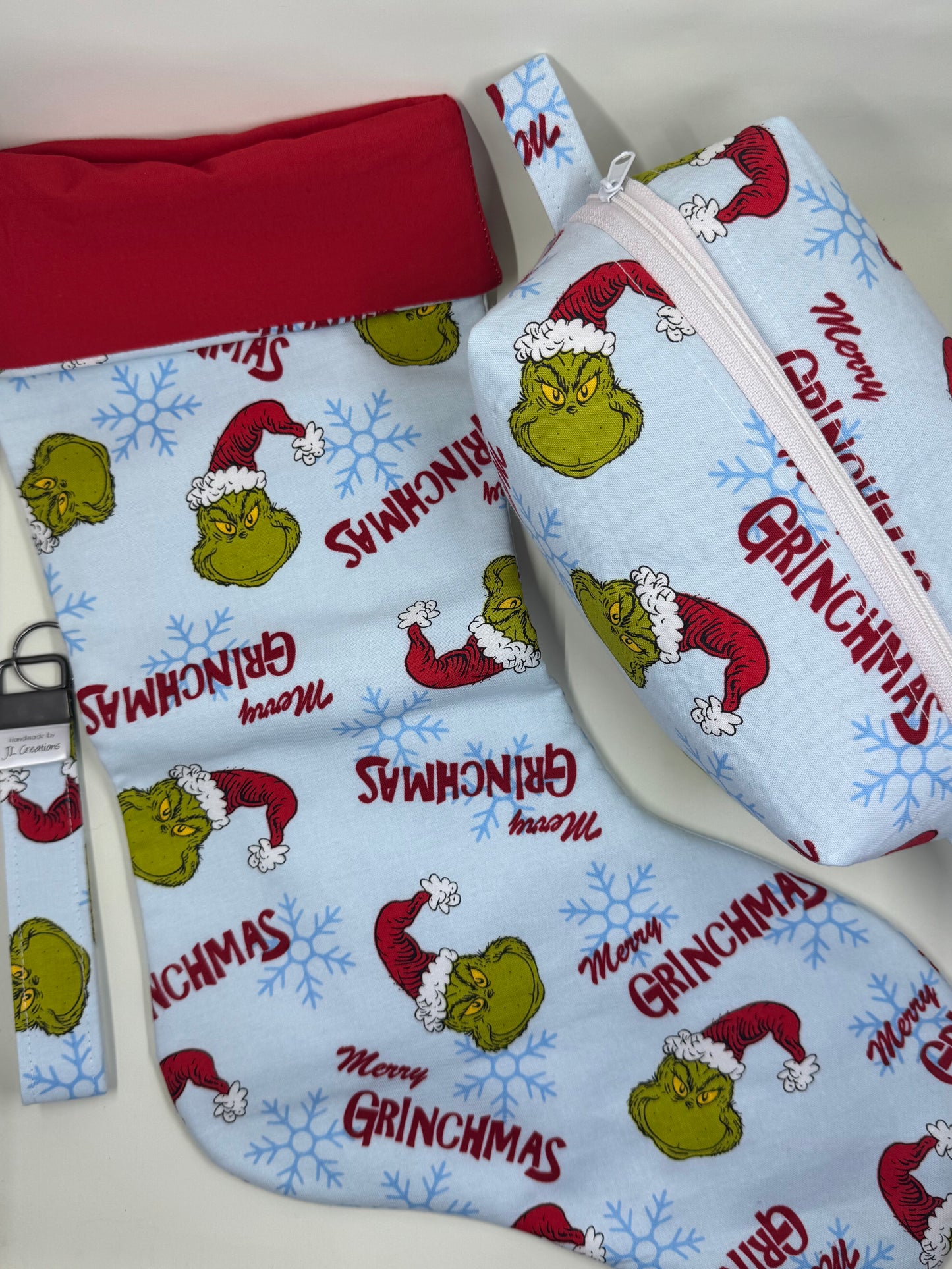 Christmas Themed Stocking, Boxed Makeup Bag & Key Fob - Blue