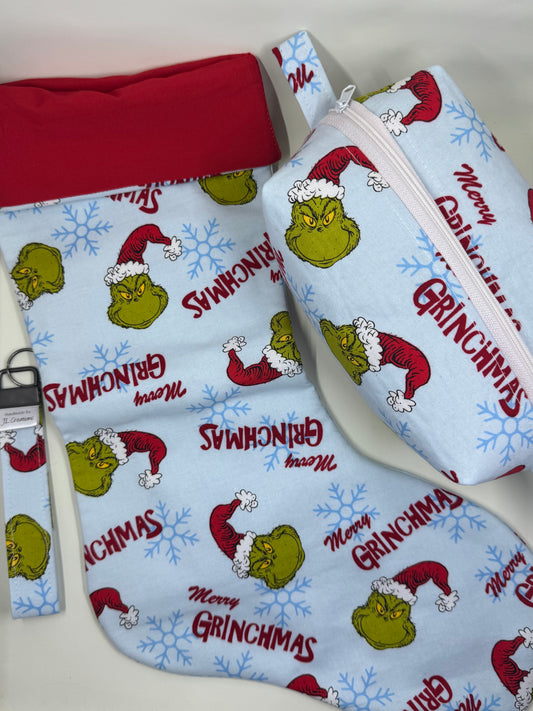 Christmas Themed Stocking, Boxed Makeup Bag & Key Fob - Blue