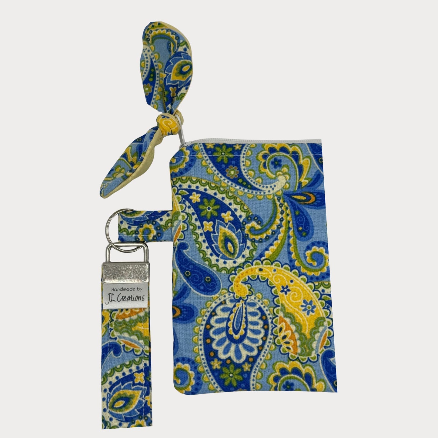 Wristlet Purse with attached Key Fob - Blue Paisley Bloom