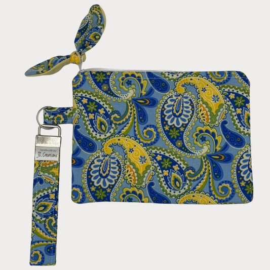 Wristlet Purse with attached Key Fob - Blue Paisley Bloom