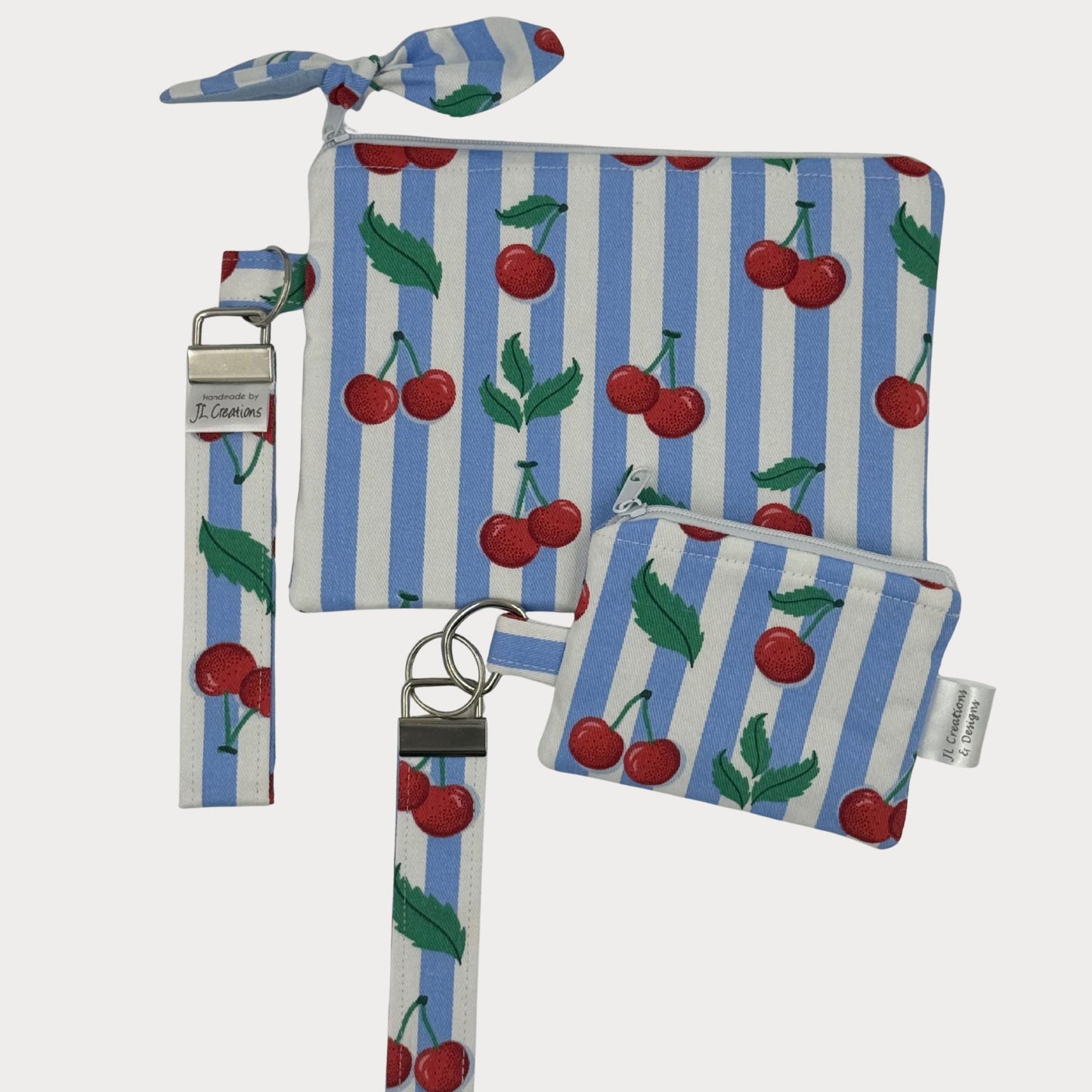 Wristlet Purse with attached Key Fob - Cherry Stripe