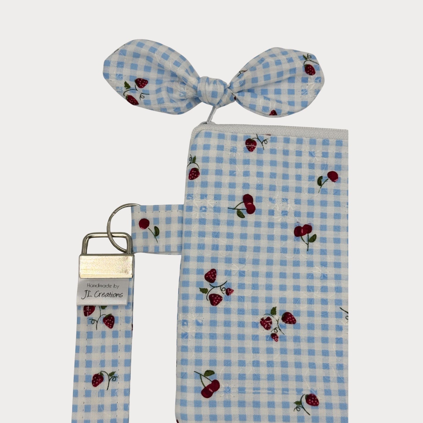Wristlet Purse with attached Key Fob - Honeyfields Strawberry Blue