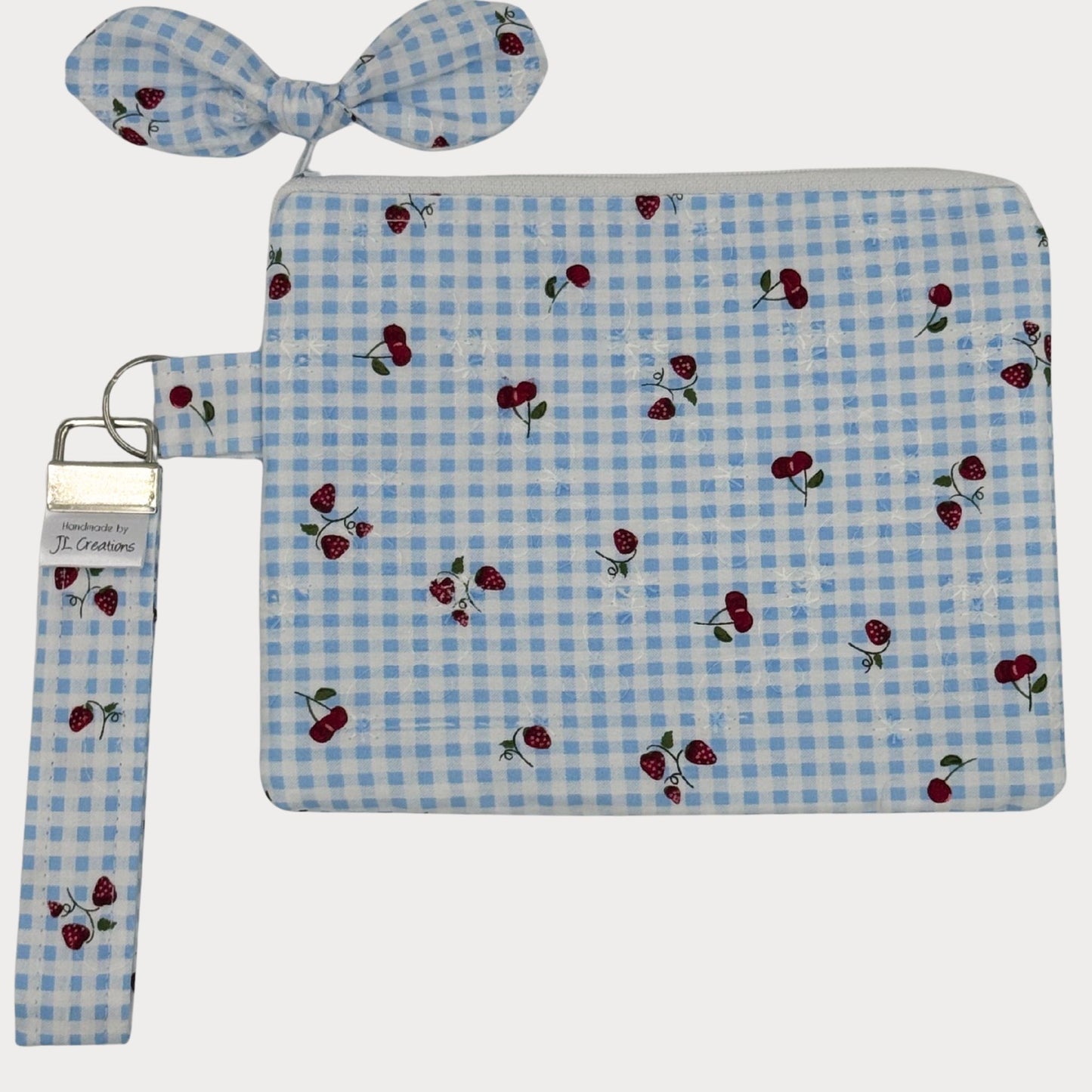 Wristlet Purse with attached Key Fob - Honeyfields Strawberry Blue